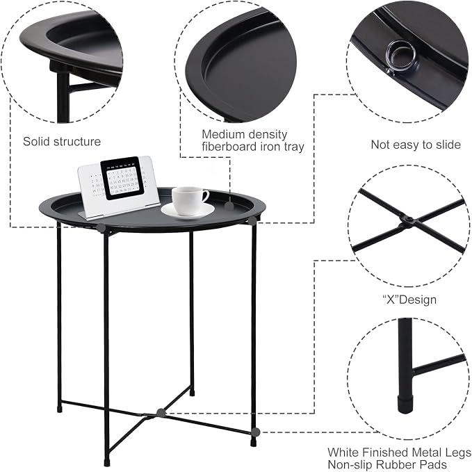 Garden 4 you End Table Metal Side Table Black Round Folding Tray Cyan Sofa - Image 6