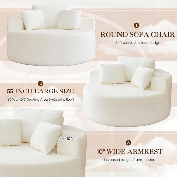 Antetek Oversized Round Chaise Longue Chair Indoor, Modern 55-inch Upholstered - Image 5