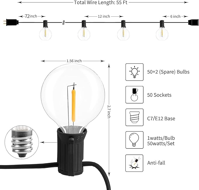 Brightown Led String Lights Outdoor 55Ft G40 Patio Lights - Image 6
