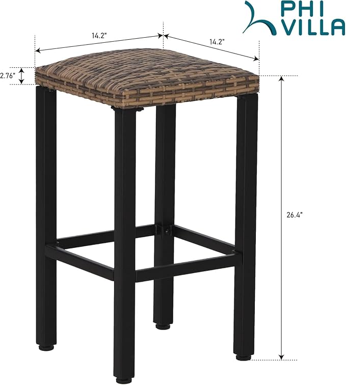 PHI VILLA Outdoor Bar Stools Set of 4, 26” Wicker Seat Counter Height Backless - Image 2
