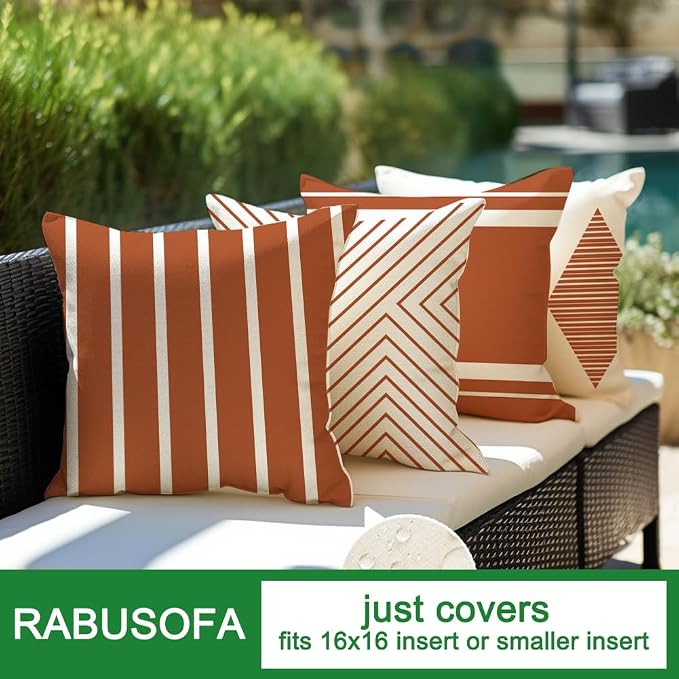 RABUSOFA Outdoor Pillows Covers 16x16 inch Waterproof, Fall Rust and Beige Boho - Image 4