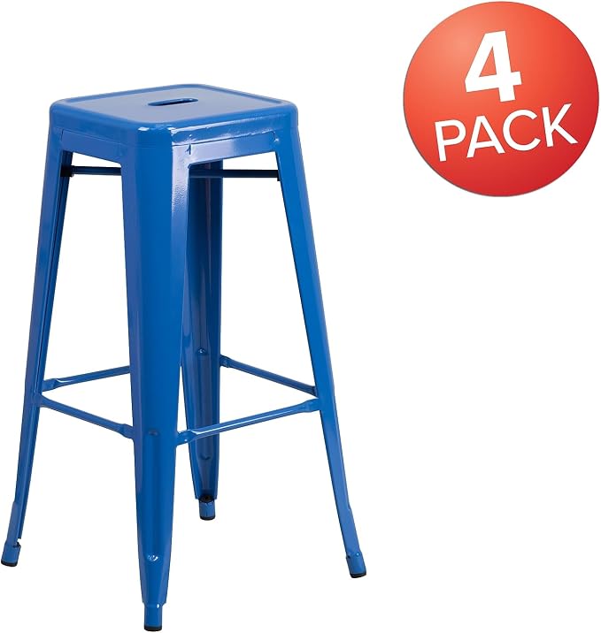 Flash Furniture Lily 4 Pack Commercial Grade 30" High Backless Blue Metal - Image 4