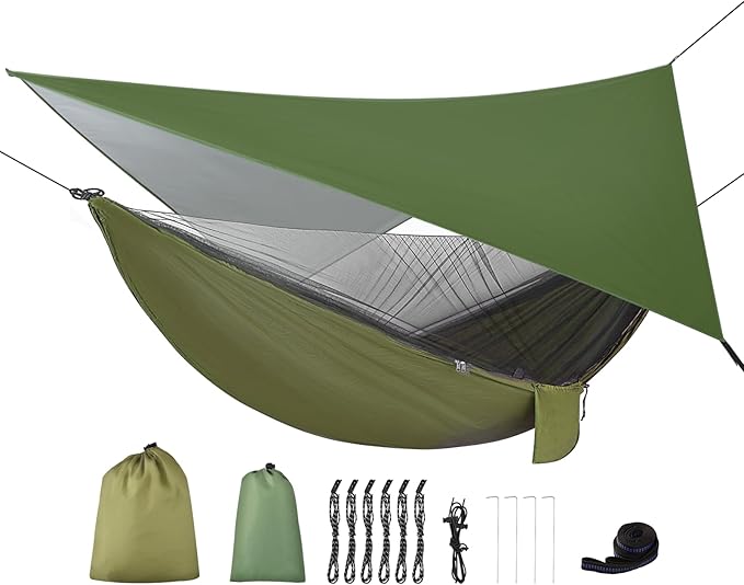 Camping Hammock with Rain Fly Tarp and Mosquito Net Tent Tree Straps, Portable by WELCOMETOFIRINER