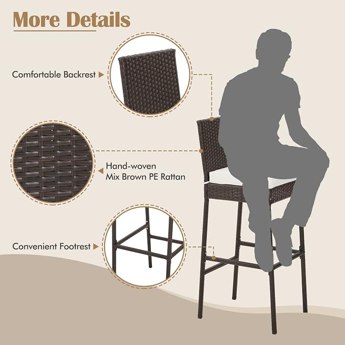 COSTWAY Outdoor Wicker Bar Stools Set of 4, Footrest and Backrest, Rattan - Image 6