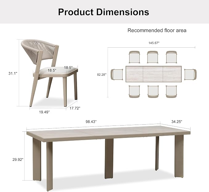 PURPLE LEAF 8-Piece Patio Dining Set Outdoor Furniture Rectangular Table and - Image 7