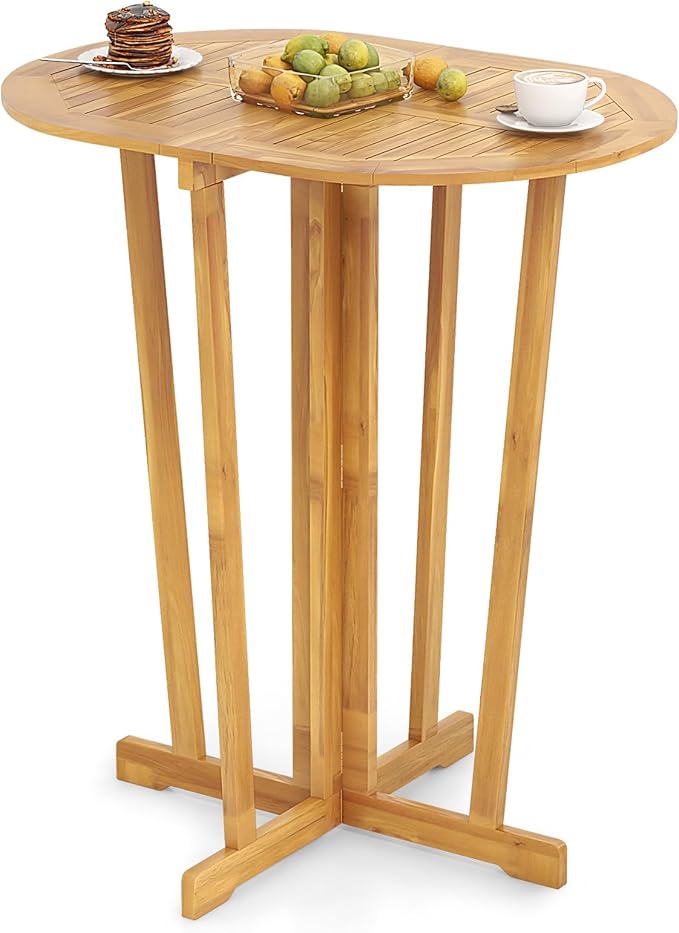 Tangkula Outdoor Teak Wood Bar Table Folding, Patio Bar Height Oval Table by TANGKULA
