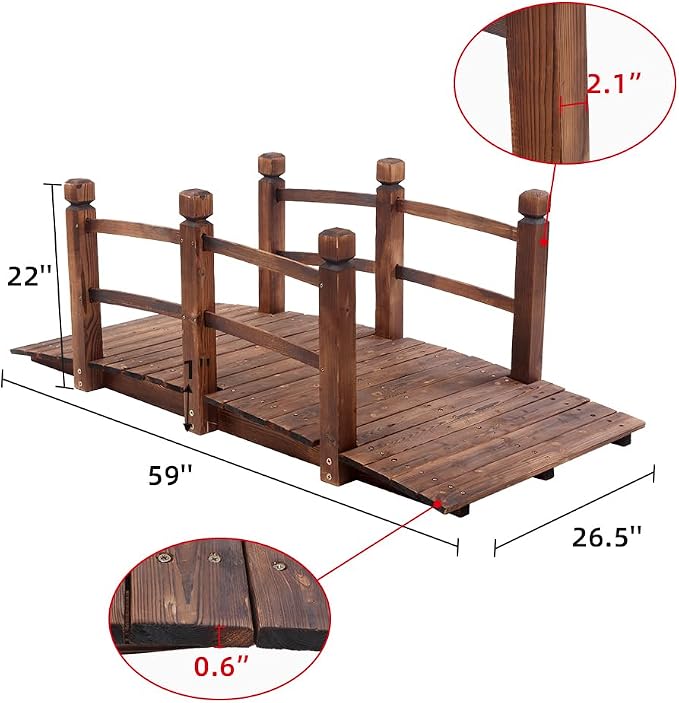 5FT Wooden Garden Bridge, Arch Footbridge Decorative Backyard Bridge Classic - Image 2