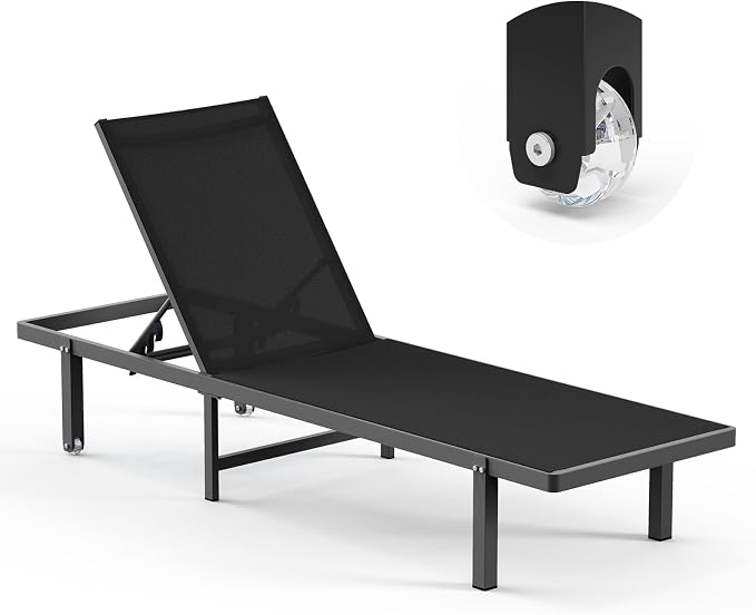 Lounge Chair Outdoor with Wheels, Aluminum Patio Chaise Lounge Chair with 5 by Oasbira