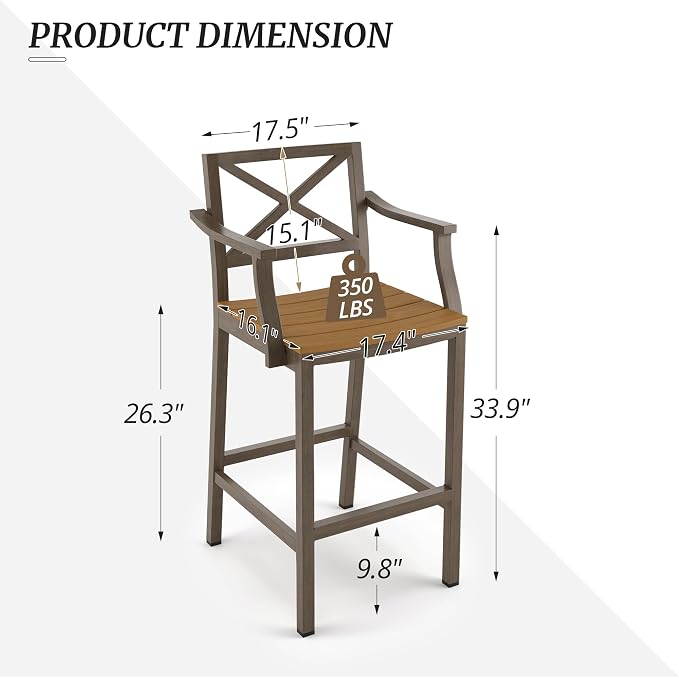 Outdoor Bar Stools Set of 2, 26 Inch All Weather HDPS Patio Counter Height - Image 3