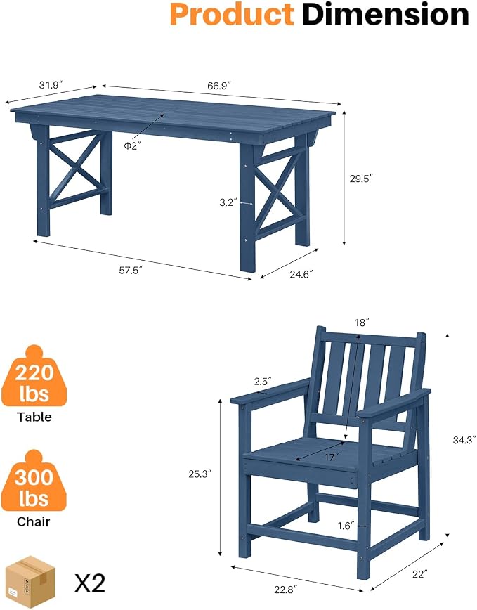 5 Pieces HDPE Patio Dining Set, Outdoor Table and Chairs - Image 4
