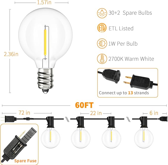 Svater Outdoor String Lights LED 60 FT, Patio Globe Lights - Image 3