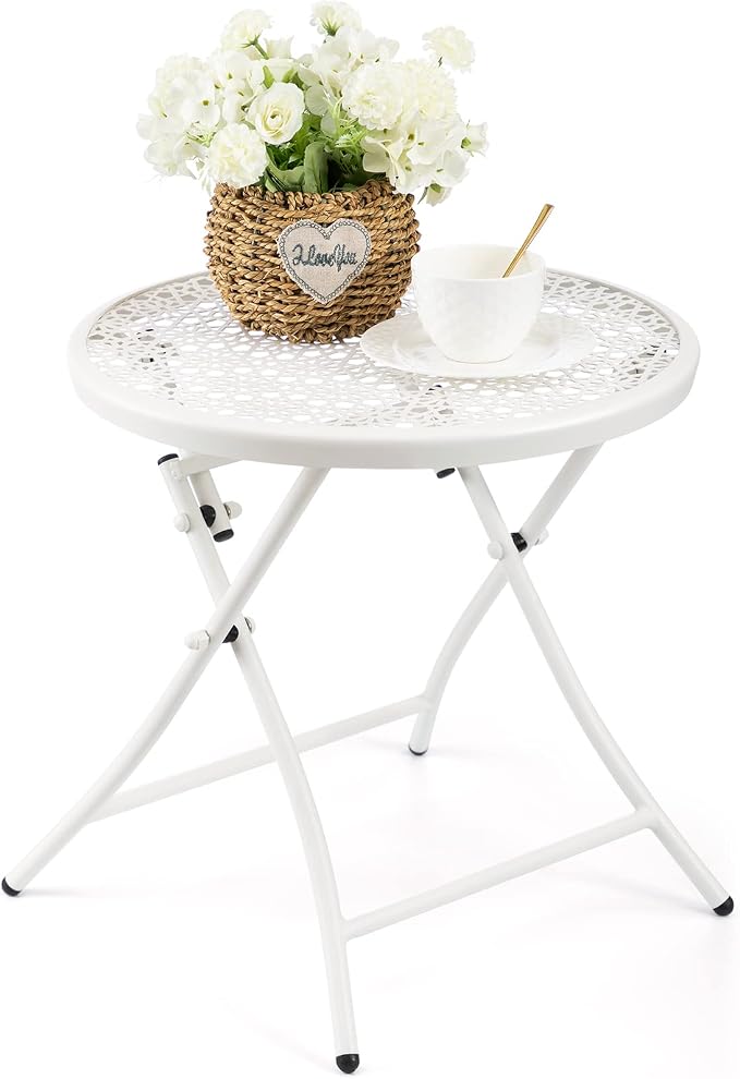 TeoKJ Folding Outdoor Side Tables, Anti Rust Small Patio Table Round Metal by TeoKJ