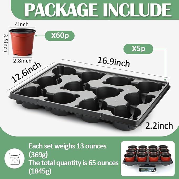 4 inch Round Nursery Pots 60pcs, 12 Cell Nursery Pots Trays 5 Pcs, Sturdy Seeds - Image 2
