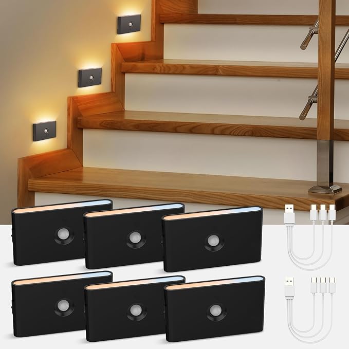 wowatt 6 Packs Rechargeable Motion Sensor Stair Light Black Battery Night Lights - Image 9