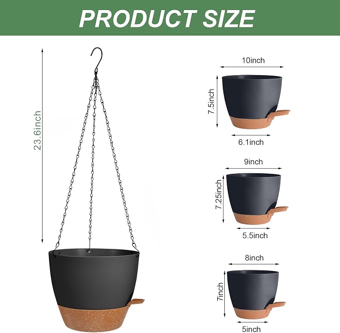 10/9/8 Inch Hanging Planter for Indoor Outdoor Plants, 3 Pack Self-Watering - Image 2