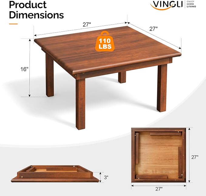 VINGLI Outdoor Folding Coffee Table, Natural Poplar Wood Patio Coffee Table - Image 3