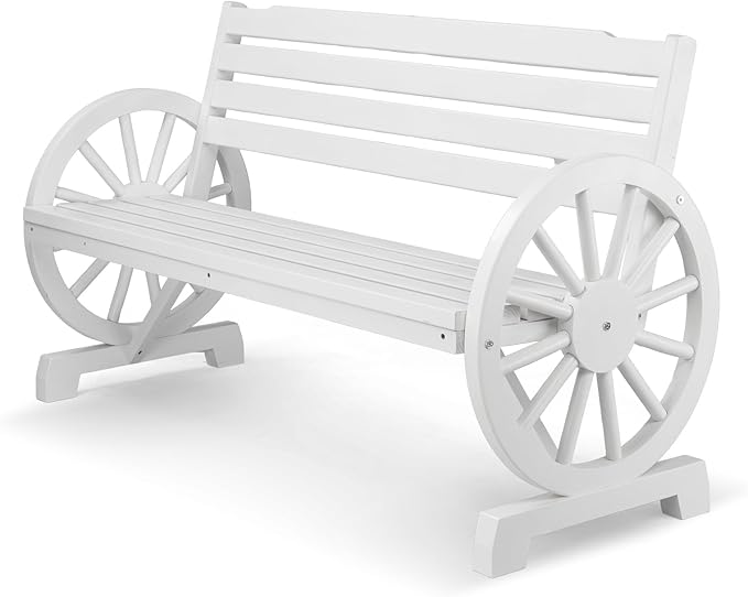 VINGLI Rustic Wooden Wheel Bench Outdoor Bench, Patio Bench Wagon Slatted Seat by VINGLI