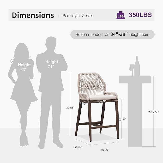 PURPLE LEAF Counter Height Bar Stools Set of 2 Rattan Wicker Outdoor Metal Boho - Image 2
