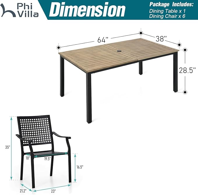PHI VILLA 7 Pieces Outdoor Set for 6, 65” Wood-Like Metal Steel Dining Table & - Image 9