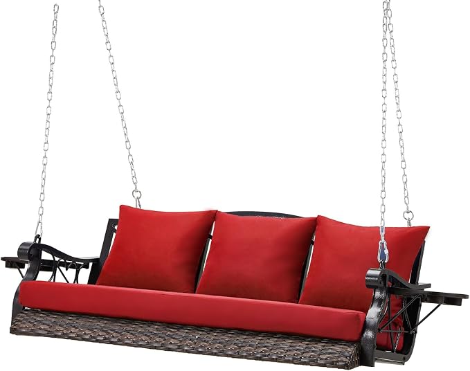 Heavy Duty 900 LBS Porch Swing Chair 3-Person Outdoor Rattan Patio Swing Lounge by zzw