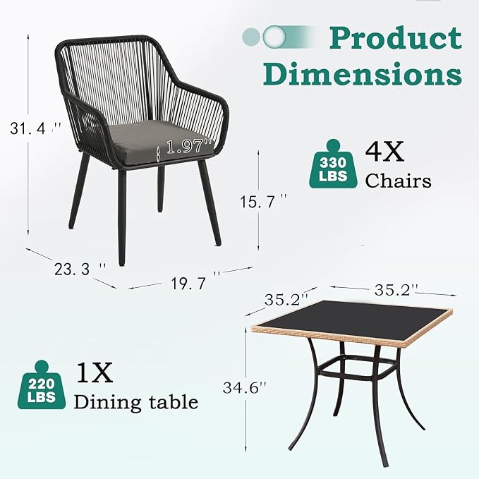 ECOTOUGE 5 Piece Patio Dining Set, Wicker Outdoor Furniture Set w/Glass Table - Image 5