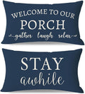 PANDICORN Welcome to Our Porch Stay Awhile Blue Outdoor Farmhouse Lumbar by PANDICORN