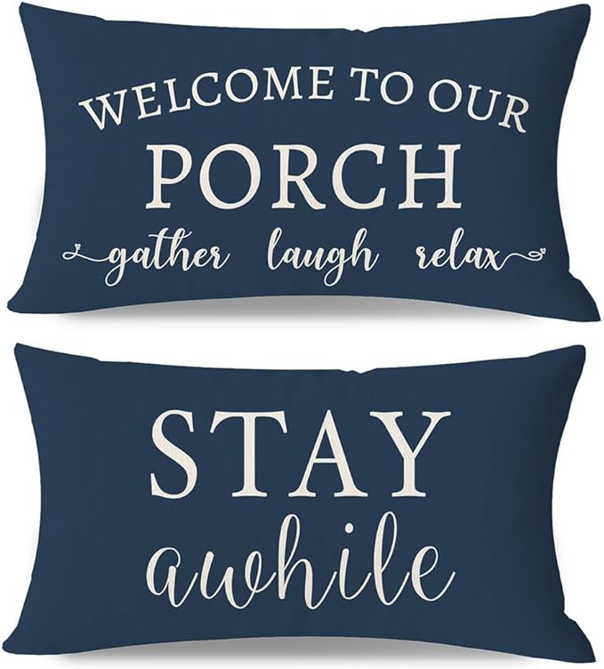 PANDICORN Welcome to Our Porch Stay Awhile Blue Outdoor Farmhouse Lumbar by PANDICORN