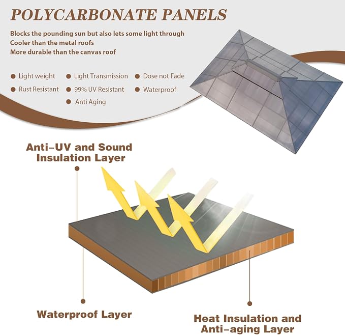 EROMMY 12'x16' Gazebo Polycarbonate Double Roof Pavilion Gazebo Outdoor - Image 2