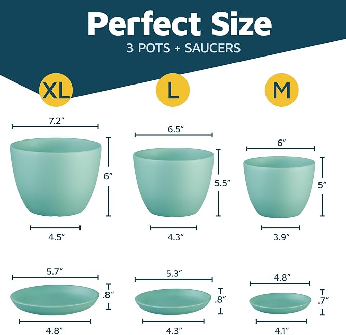 Aqua Plant Pots with Drainage Holes & Saucers 3 Pack, Indoor & Outdoor - Image 2