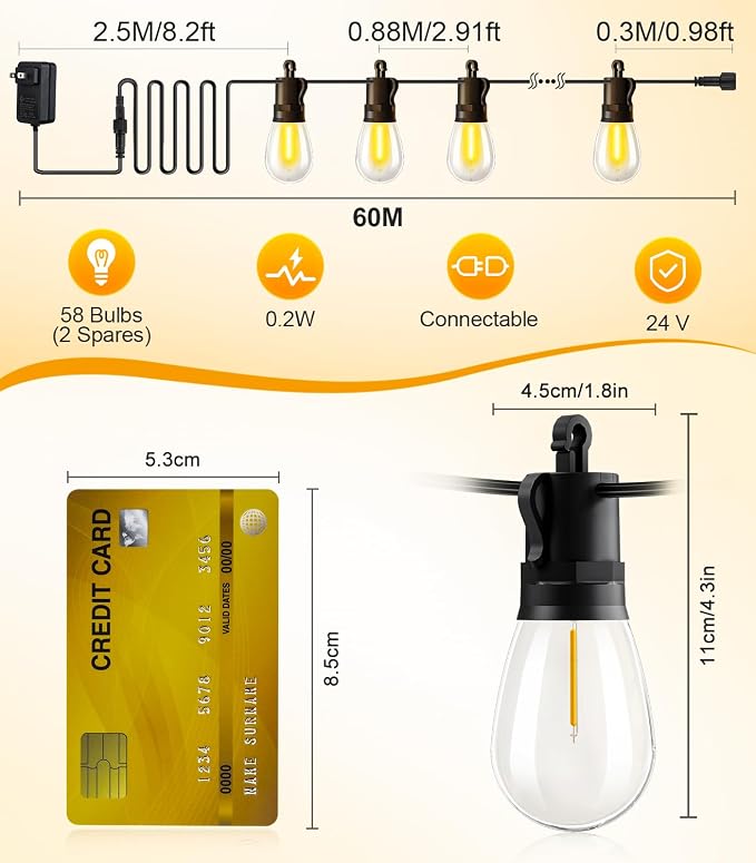 Outdoor String Lights Patio LED Light Outside - 60M IP65 Waterproof 58+2 S14 - Image 2