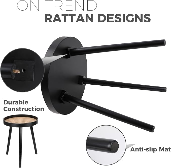 Rattan Round Side Table, Modern Boho Bedside Mid-Century Patio Side End Tables - Image 4