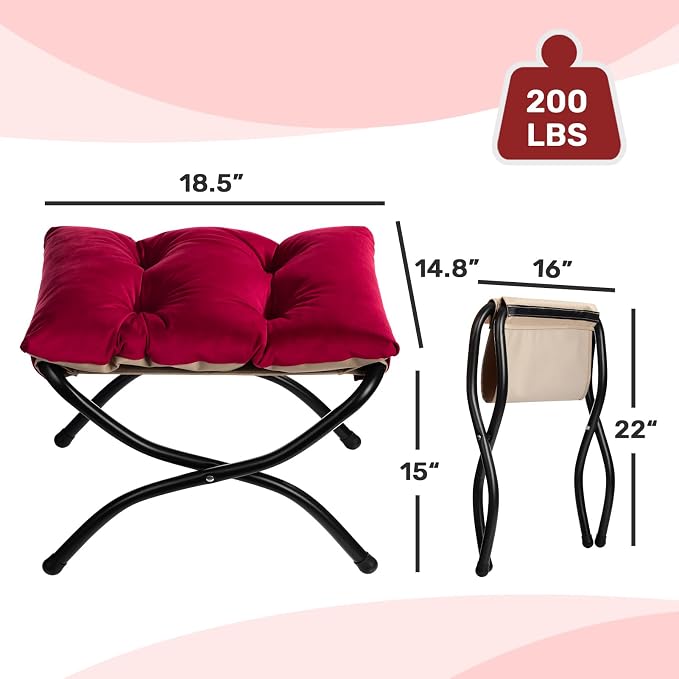 HollyHOME 15" Folding Footrest Stool, Upholstered Small Foldable Ottoman - Image 3