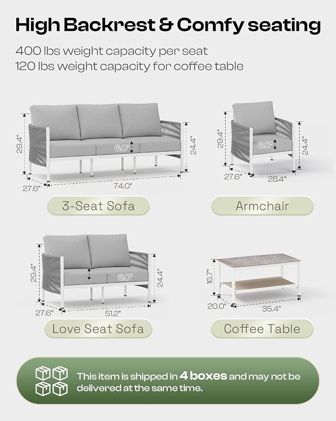 Aluminum Outdoor Sofa Armchair, HDPE Rope Patio Couch - Image 2
