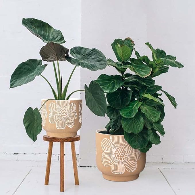 YBX 8 Inch + 6 Inch White Flower Pattern Plant Pots, Sand Glazed Ceramic Planter - Image 2