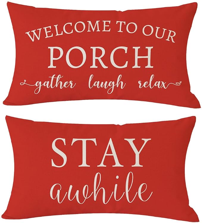 PANDICORN Welcome to Our Porch Stay Awhile Farmhouse Throw Pillow Covers 12x20 by PANDICORN