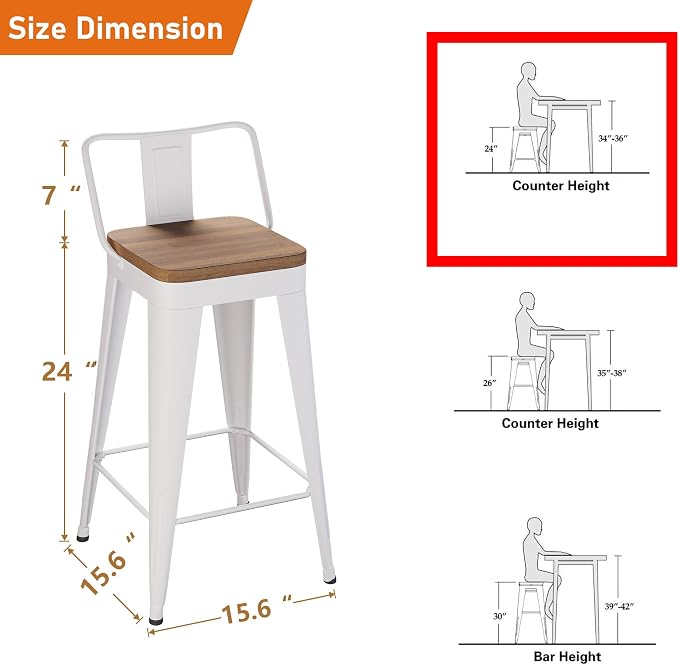 Bar Stools Set of 4 Metal Bar Stool Counter Height Bar Stools White, Modern 24" - Image 2