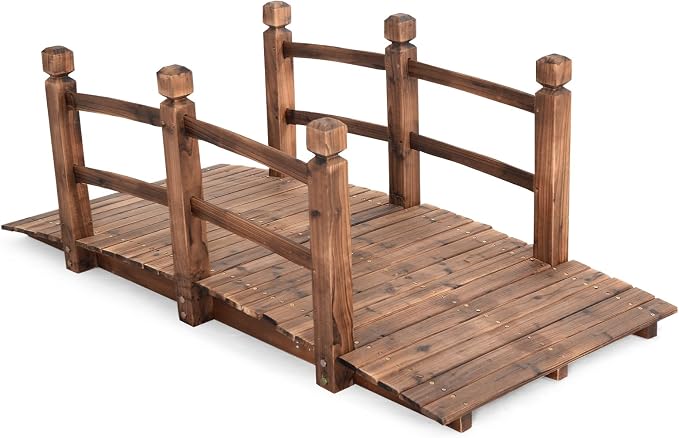 Giantex 5 FT Wooden Garden Bridge, Stained Wood Arc Footbridge - Image 9
