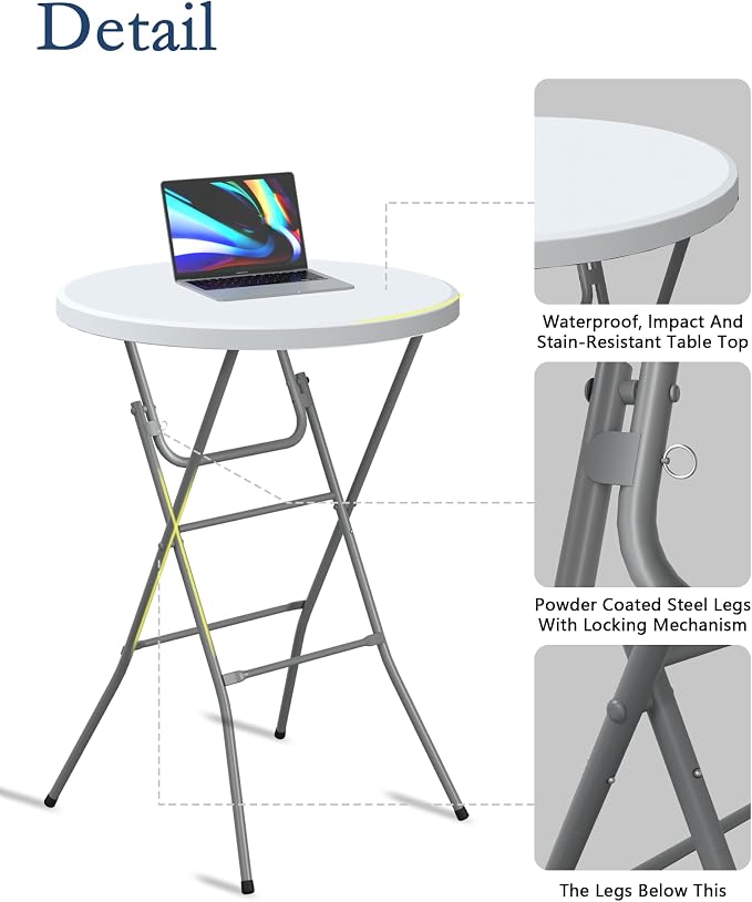 Round Folding Table, Portable Plastic Table w/Thick Table Top, Metal Frame - Image 3