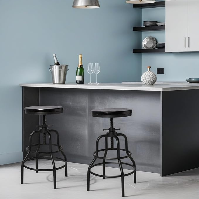 LOKKHAN Vintage Industrial Bar Stool-Rustic Swivel Bar Stool-Round Walnut Wood - Image 9