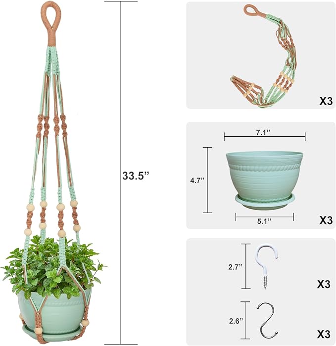 Macrame Plant Hanger with Pot, 3 Set Hanging Planters - Image 2