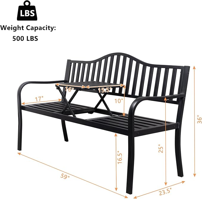 VINGLI 59" Outdoor Metal Bench Patio Bench - Image 3