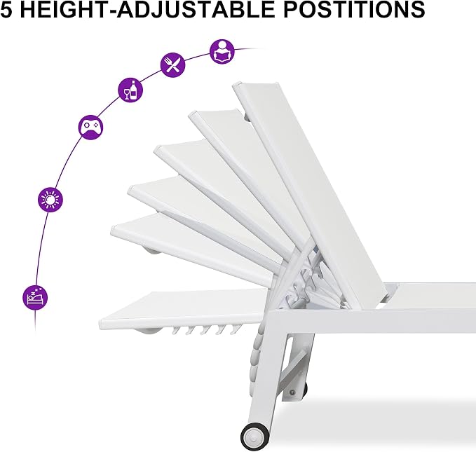 PURPLE LEAF Patio Lounge Chair 2 Pieces White Aluminum Outdoor Chaise Lounge - Image 6