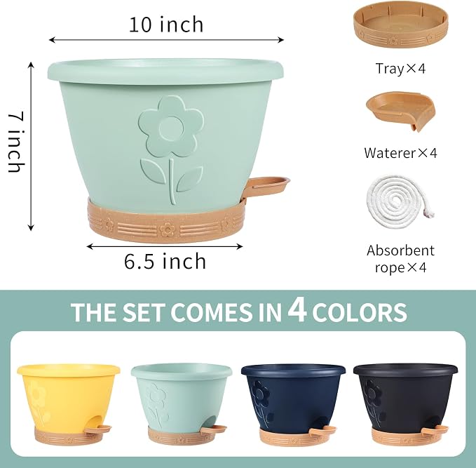 Plastic Plant Pots 10 Inch Set of 4, Self Watering Pots - Image 3