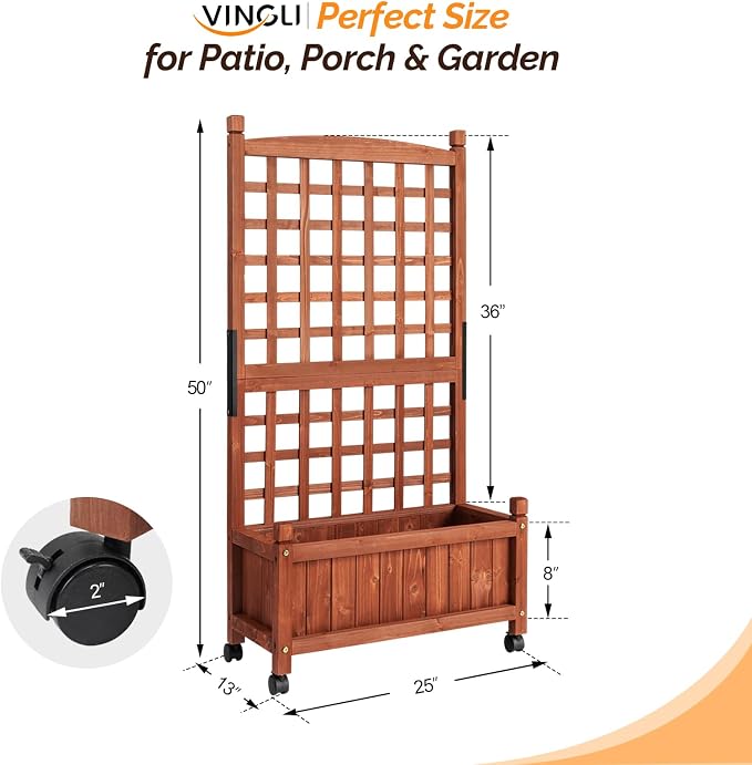VINGLI Wooden Planter with Trellis, FreeStanding Planter Box with Drainage Holes - Image 7