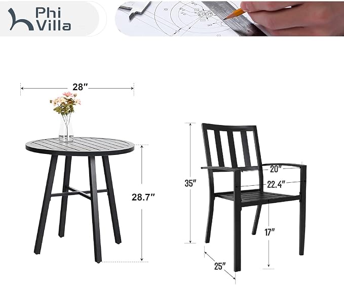 PHI VILLA 3 Piece Outdoor Patio Bistro Dining Set, Slatted Metal Round Table & - Image 6