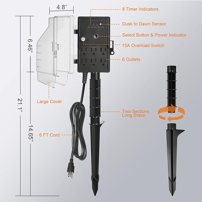 SURAIELEC Outdoor Power Stake Light Timer, Dusk to Dawn, 6 Electrical Outlet - Image 7