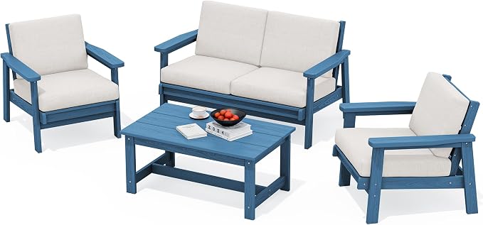 SERWALL 4 Piece HDPE Outdoor Furniture Set, All Weather Wood-Like Outdoor Sofa by SERWALL