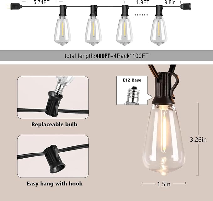 LED Outdoor Edison String Light 400FT Patio Lights - Image 2