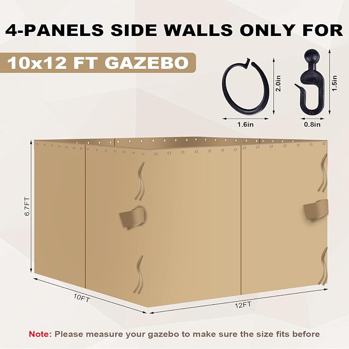 slashome 10'x12' Gazebo Curtains Outdoor Waterproof, Khaki Universal - Image 3