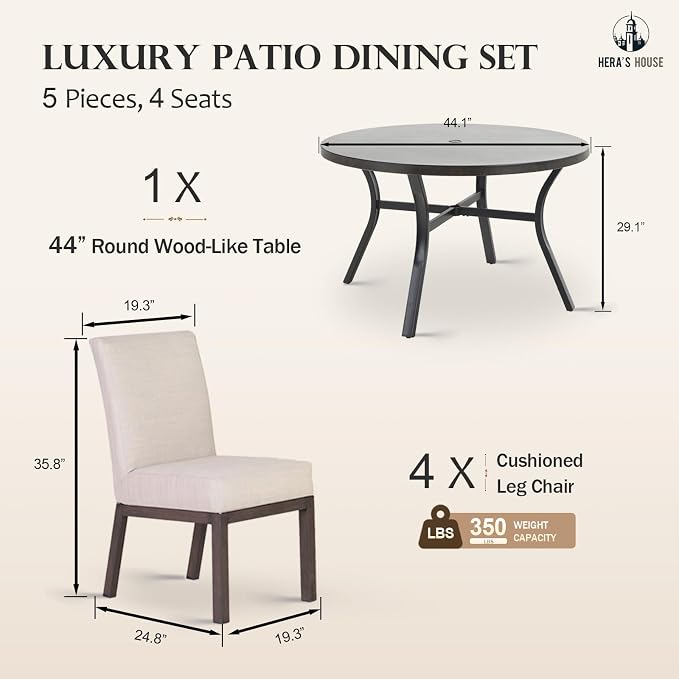 HERA'S HOUSE 5 Piece Patio Dining Set, 4 x Thick Cushioned Dining Chair - Image 6